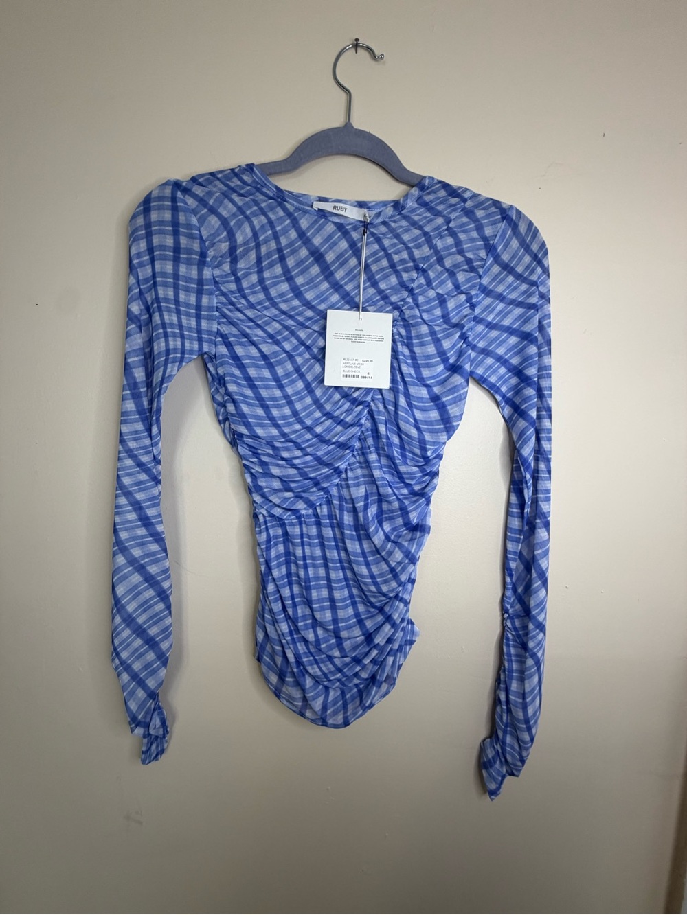 Ruby Rd. Blue Plaid Ruched Long Sleeve Top - Picture 1 of 4